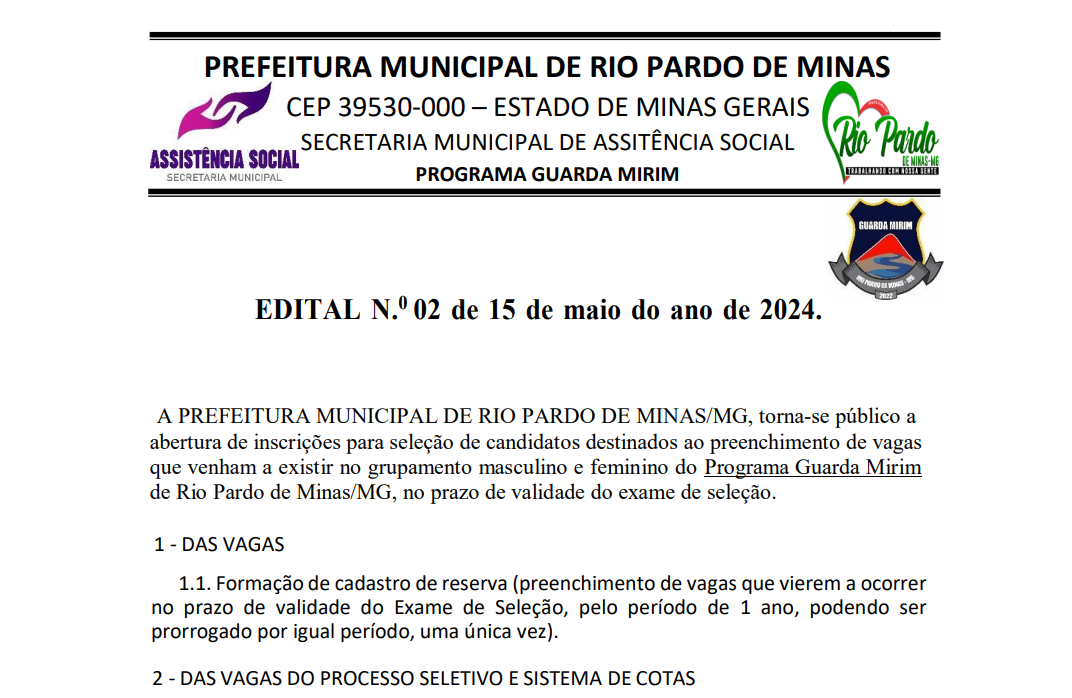 Edital nº 02/2024 – Exame Seletivo Guarda Mirim de Rio Pardo de Minas